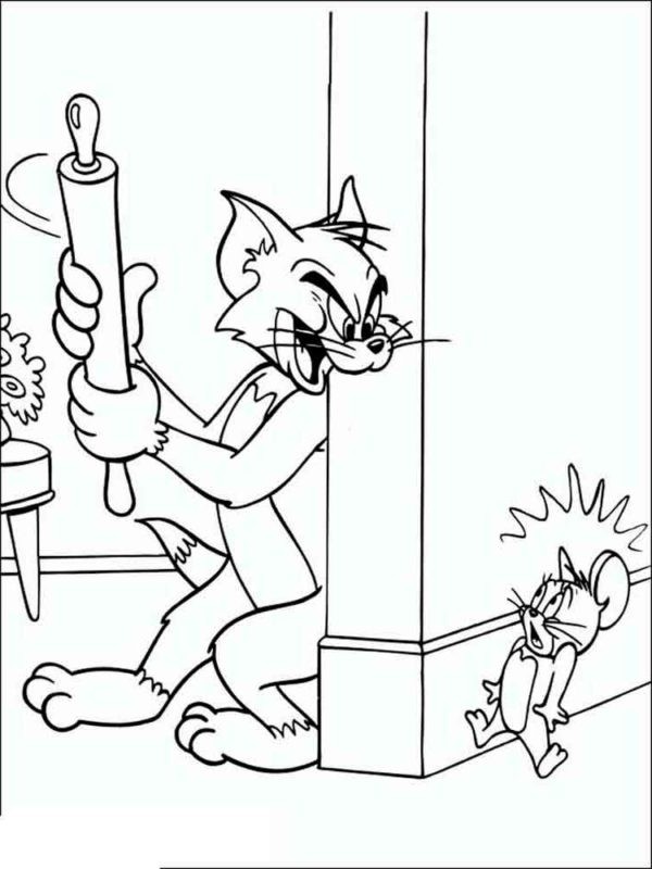 Kolorowanka Tom i Jerry: Tom z wałkiem poluje na Jerry'ego kolorowanka do druku